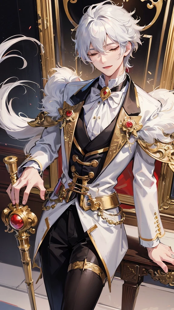 1 boy, anime, futuristic setting, elegant, fancy, tuxedo, high quality, intricate details, cat ears, short hair, closed eyes, messy hair, fluffy hair, butler outfit, lucky cat aesthetic, red collar, golden bell, red eyeshadow, serene smile, rolled up sleeves, cat tail, rapier, white hair, corset