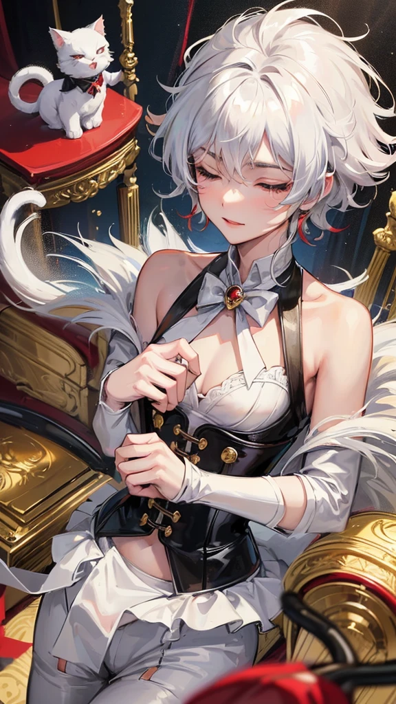 1 boy, anime, futuristic setting, elegant, fancy, tuxedo, high quality, intricate details, cat ears, short hair, closed eyes, messy hair, fluffy hair, butler outfit, lucky cat aesthetic, red collar, golden bell, red eyeshadow, serene smile, rolled up sleeves, cat tail, rapier, white hair, corset