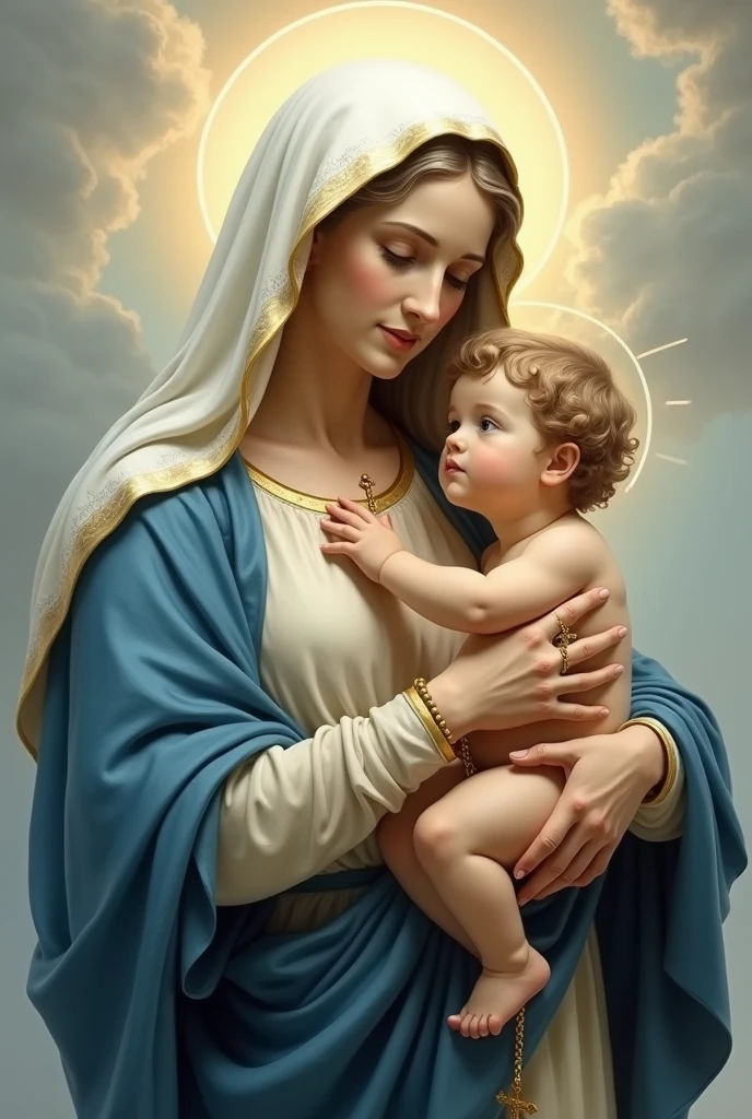 Our Lady with a rosary. Our Lady holding Jesus.