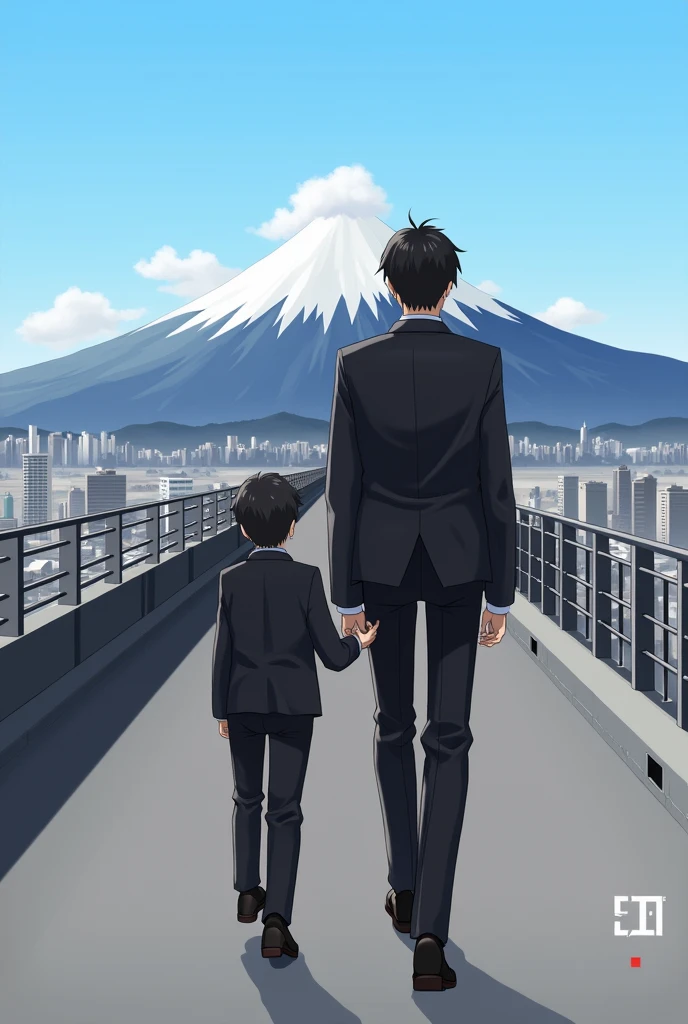 inogashira_goro, walking, Black Leather Jacket, suits, city, mountain, blue sky, 