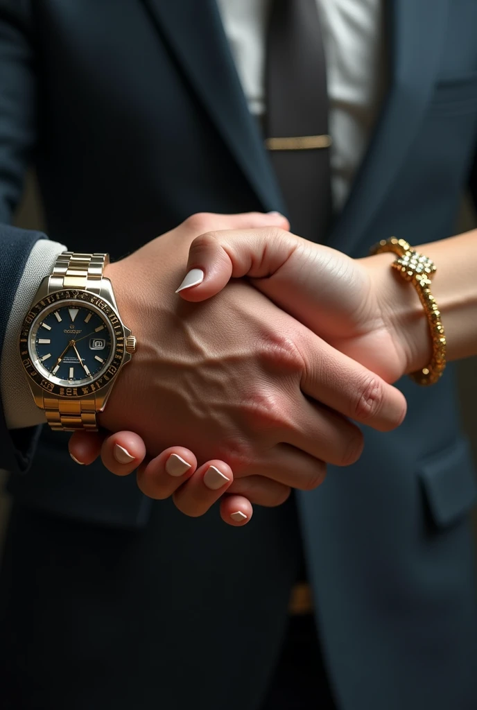 Two hands shaking each other, one veiny male hand with flashy watch and the other female hand with gold bracelet and pretty nails, realist
