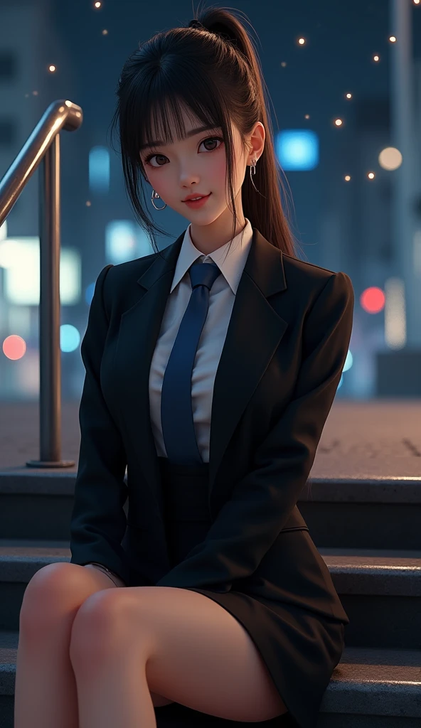 (best quality), (realistic, photo-realistic:1.3), (masterpiece:1.3), CG, unity, 32k, amazing, finely detail, ultra-detailed, highres, absurdres, ((ultra-detailed)), ((highly detailed CG illustration)), ((an extremely delicate and beautiful)), (cute delicate face), cinematic light, (1girl), solo, face focus, petals, night background, fireflies, light particle, Beautiful Woman, 25 years old, small breasts:1.3, tanned skin, tanned, dark skin, tanned body, Beautiful medium breasts), cleavage, Slender Figure, Dark Brown Hair, (Sitting on the Stairs in the street),  (business-suit and black pencil skirt:1.4), Ultra Detailed-stairs Face, Detailed Lips, Detailed Eyes, Symmetrical eyes, High ponytail hair, blue Necktie, Japanese idol:1.3, (blush, smile), portrait:1.3, sharp focus photo:1.3