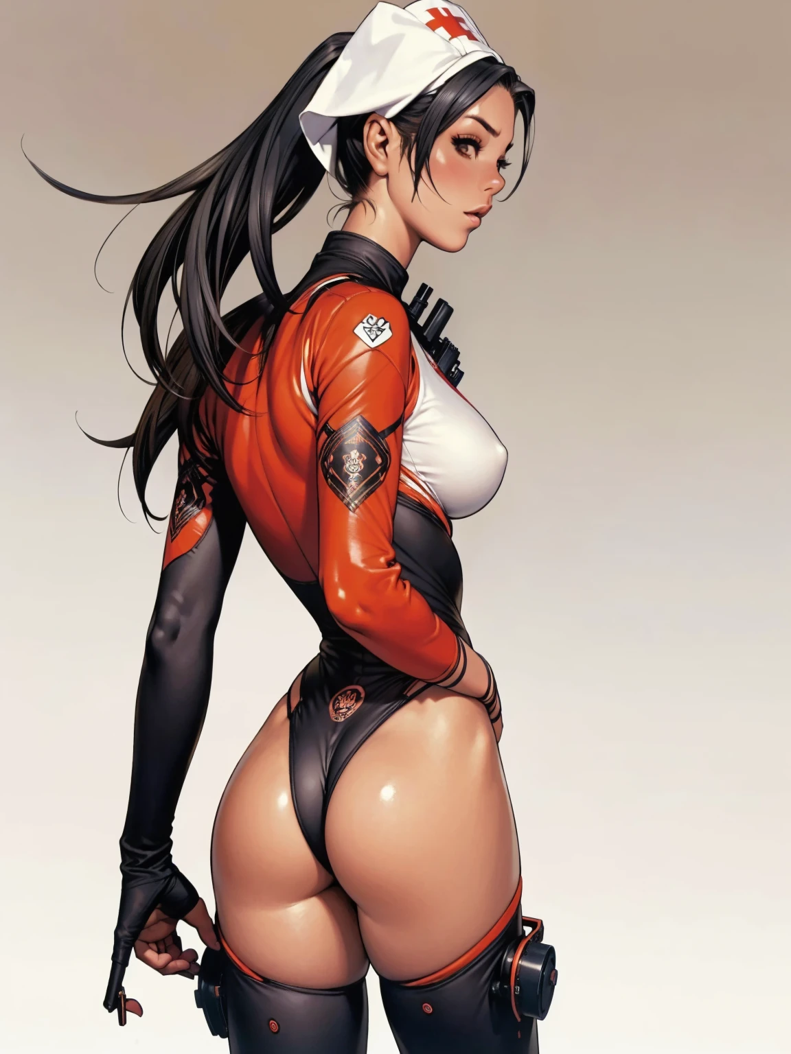 (((back view))), (((perfect ass))), (best qualityer))), (((short arms))), ((( nurse suit ))), (((bandaged arms))), ((high collar)), (((black with red details))), (((best qualityer: 1.4))), (Unbeatable masterpiece), (hiper HD),(CG 8k hyper-realistic), (((brave face))), (((breasts big))), (((hyper feminine))), sexly girl, Tron,(black bob hair)), ((( sculptural body ))), (((1 Kizi))), Kizi cibernética de 25 anos com perfectbody,,Beautiful and well-groomed face,muscular body:1.2,solid color detailed jacket, (Head to thigh photos), Complex equipment, green dark,Long pants,Tight clothes are dark,With white stars and off-white stripes,,,,,Armor Metal Electronic Parts, Poison tattoos ) INFO, Kizi, (((standing alone))), pirralha violent, ((())), sexly, pose de atitude, work of art, post-apocalypse, (((manga style))), bounty hunter, violent, Manic, the way you want, slenderbody, thin but strong, perfectbody, roupa moderna, advanced technology, neon, sleeves with vertical striped pattern, neutral background, (( cowboy shot )). intricate visual