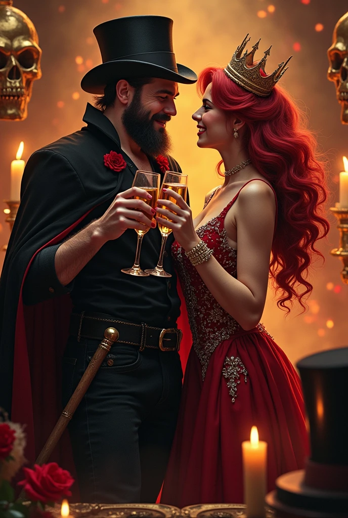 Bearded man and blonde woman, toasting, whisky y champagne, woman red and gold dress sexy, Jewels cover their breasts, man in black cape and red details, dancing, laughing evil, hell, Cigarettes, golden skulls, candles, fire , woman crown, old black hat,, White clothes, walking stick, rose, death,