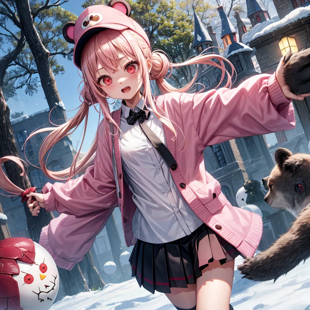 Pink Blonde、Red eyes、Hair tied up、One cute girl、solo、Checked mini skirt、black t-shirts、cardigan、coat、Knee-high socks、bear ears baseball cap、Burning Full Moon、The tree is dead、Electric spectaculars、Snowballs are piling up、Cat Snowman、Teeth are visible、Monster Castle、Tilting face