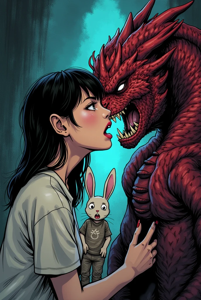 Vanpire an dragon girl kiss with visible teeth a rabit boy efraied in neck version manga