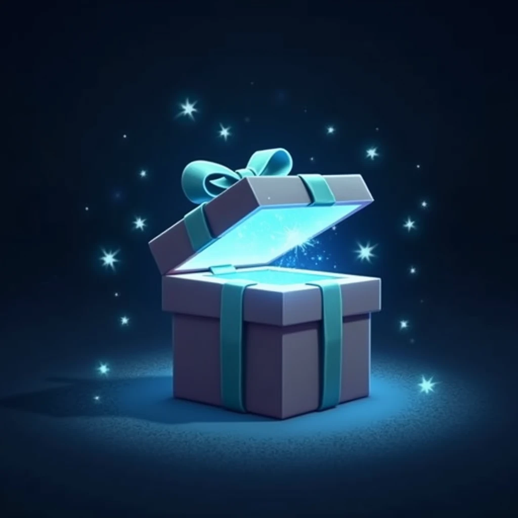 Create an image titled "Get the Mystery Gift Revealed at the End." The focus should be on a regular gift box with a simple, elegant design, such as a ribbon and bow. The box should be surrounded by subtle magical effects, including soft blue glowing light and sparkles gently radiating from the box. The lid should be slightly ajar, with a faint, mystical glow coming from within, hinting at something special inside. The background should be simple and dark, allowing the magical effects around the ordinary gift box to stand out.