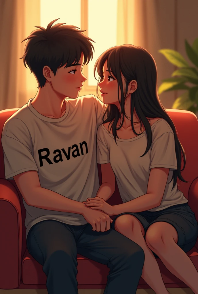 A boy with her gf . Boy t shirt name is ravan. Sit on chair