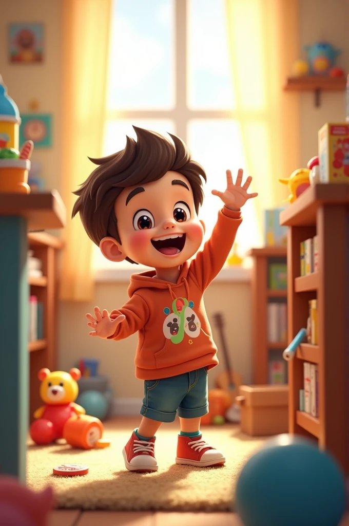 Timmy Playing in a Tidy Room: "A joyful boy playing with his toys in a clean and organized room, showing a sense of satisfaction and enjoyment."