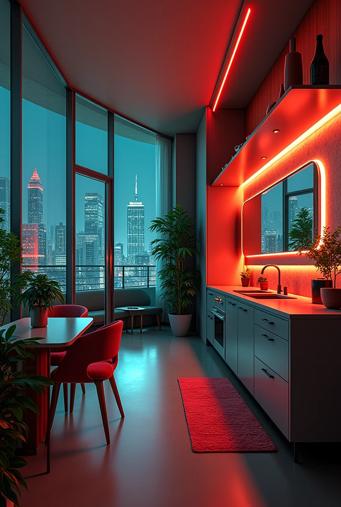 Apartment Interior, studio apartment, kitchen, bathroom, bedroom, living room, loft, neon lights ,art deco design，streamline moderne, art deco architecture, Abstraction，Luxury and Luxury，Future night view, decorative elements，Metallic，number line，sci-fi lamp，Virtual Engine，Unreal rendering, neon lights, greenery, balcony
