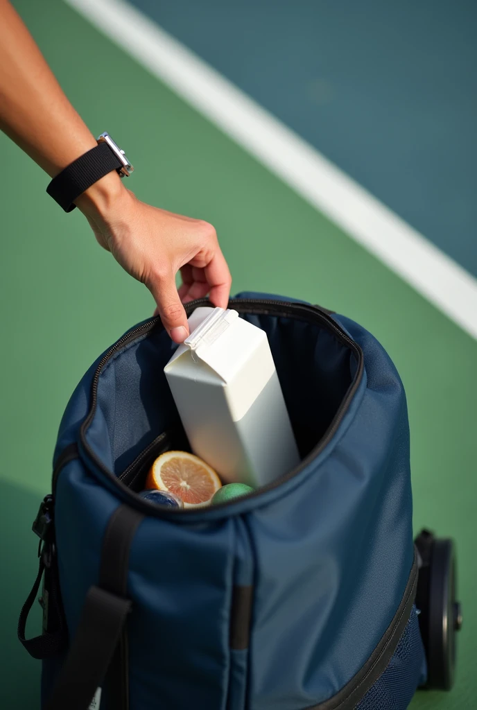 Hand with sports bracelet putting small square milk carton into open shallow sports bag，Backlight，Photography，Vertical Image，zoom in，A corner of the tennis court，There are some sundries in the backpack