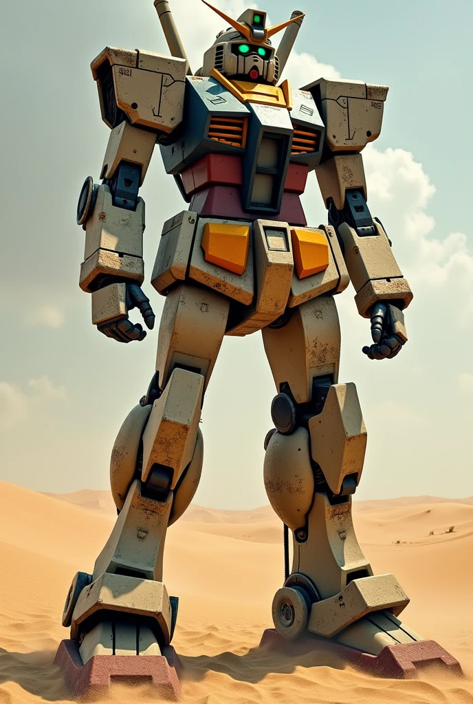 Create realistic gundam abandoned in the desert