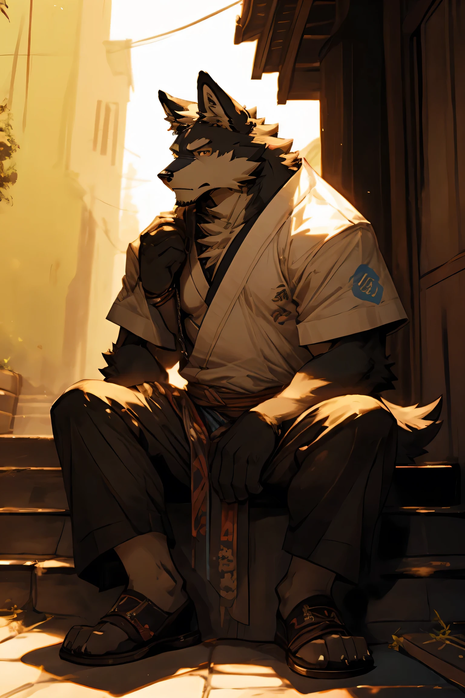 best quality，ultra HD，Male gray wolf［Son：0.6］，表情fatigue［fatigue：0.7］，Body［robust：0.6］，Wearing Dark green Hanfu［Dark green Hanfu；0.8］，Wearing Black Hanfu trousers［Black Hanfu trousers：0.9］，Sitting on the ground in the courtyard［Sitting on the ground in the courtyard：0.9］