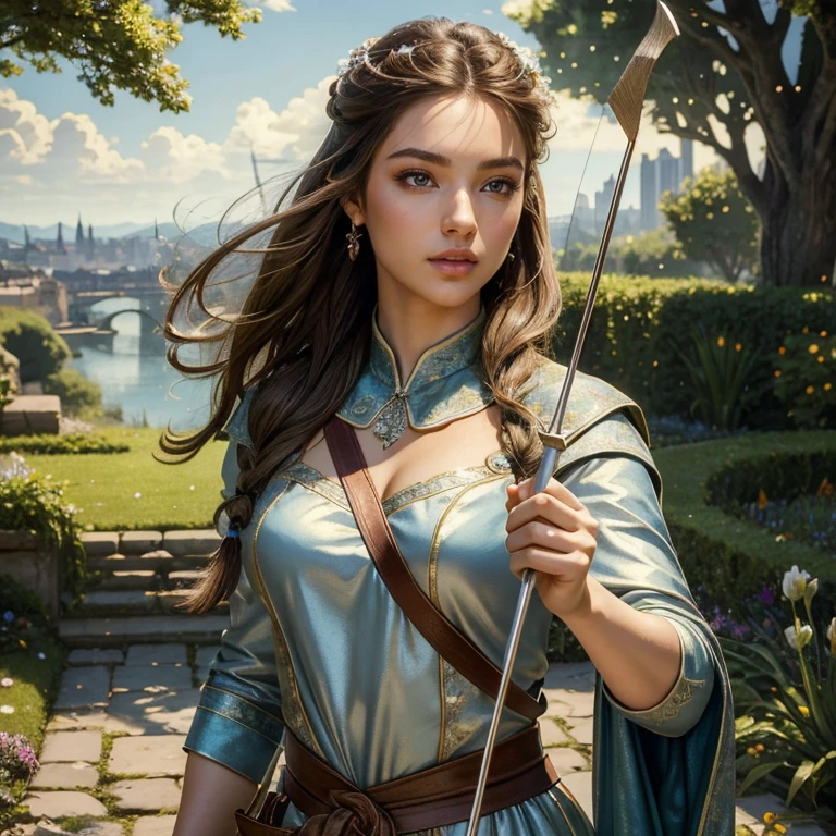 (​masterpiece, best quality:1.5), highest quality, High resolution, super detailed, Realists, Upper body photo of a brunette warrior , detailed and beautiful eyes, beautiful detailed lips, very detailed eyes and face, longeyelashes, Warrior in elegant green short dress made of shiny satin fabric, Elegant details in the fabric. Beautiful and colorful makeup, Instructions for bow and arrow, Gardens as background, soft daylight, bright colors, fine brushstrokes, Portrait style, beautiful color palette, glowing skin, First-class rendering, that captures every detail, enchanting atmosphere, subtle shadows and lights, (perfect anatomy:1.2), (The stunning warrior holds a sword in her hand.  (magnificent panorama view:1.2)