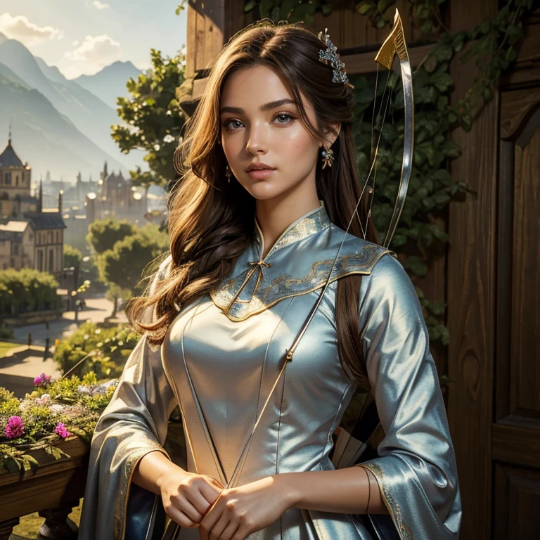 (​masterpiece, best quality:1.5), highest quality, High resolution, super detailed, Realists, Upper body photo of a brunette archer, detailed and beautiful eyes, beautiful detailed lips, very detailed eyes and face, longeyelashes, Archer in silver dress made of shiny satin, Simple details in the fabric. Beautiful and colorful makeup, open hair, Gardens as background, bright daylight, bright colors, fine brushstrokes, Portrait style, beautiful color palette, glowing skin, First-class rendering, that captures every detail, enchanting atmosphere, (perfect anatomy:1.2), (The stunning archer holds a bow.  (magnificent panorama view:1.2)