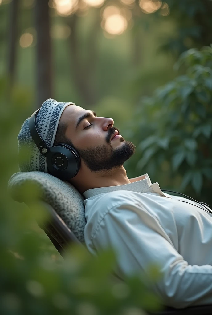 grading in a garden
Create me an image of a White
young muslim man with a beard
and a small mustache, wearing
headphones and muslim cap,
laying on bed in a room on chair
closed eyes relaxing create a
cinamatic look with best