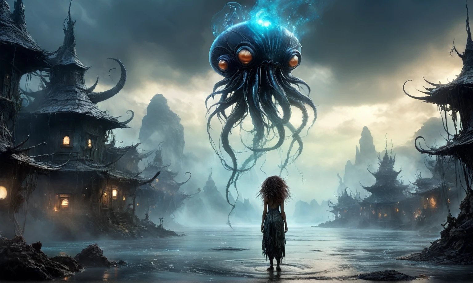 view from height,full-body-shot,obsidian The Alien Entity Moana, sassiness temper,natural jellyfish's skin textures, hyper realisitc, hyper detailed,Extremely detailed,High contrast, ,Realistic,Ultra Detailed,intricate details,realistic humid skin,extremely intricate,Epic Realistic, Romantic, cinematic style,irina yermolova, messy hair,orc's village of fishers,full body length,mother-of-marble,ominous landscape,floating islands on background in dangerous atmosphere,sunset, a Tim Burton-inspired dreamscape,Bun Hair,(Folk clothes:1.5),full body length,niobium goblin,native africa xenomorph,once pretty face,eyebrow up,full body shot,ominous landscape,niobium gray atmosphere,photo,photorealism,Masterpiece,hyper natural skin textures, hyper realism,hyper detailed,High contrast,Realism,Ultra Detailed,irina yermolova,close full body shot,32K resolution,Nikon Z9, ,demonic fog, smoke, audience, mist, featuring ultra-realistic and hyper-realistic elements, Marta Bevacqua, Ellen Jewett, Kawacy, Katsuya Terada, Carne Griffiths,concert lighting, bokeh, luminal space that feels both bright and surreal. Includes liquid fluid elements for added depth and movement. Rendered in an unreal engine and post-processed to achieve . Evokes a sense of dreamy, ethereal and mystical mood,horror pixar movie still,thriller disney movie ,pixar render, animated ,suicide,psychiatric clinic, insane fantasy