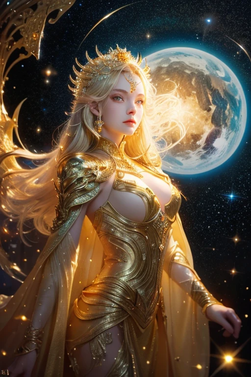 A true masterpiece、top quality、a high resolution、8 K、16 thousand, Alone in space、beautiful goddess、standing posture、floating in the sky, like a star, whole body、Golden Cape、white long dress、Without a sleeve、a gold bracelet、blonde hair、beautiful brown eyes、Elegant and detailed face、Graceful operation、right hand on breast、professional lighting、The universe is full of light、Countless stars and nebulae、