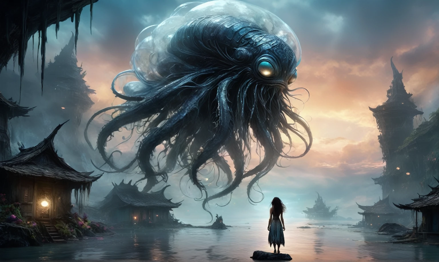 view from height,full-body-shot,obsidian The Alien Entity Moana, sassiness temper,natural jellyfish's skin textures, hyper realisitc, hyper detailed,Extremely detailed,High contrast, ,Realistic,Ultra Detailed,intricate details,realistic humid skin,extremely intricate,Epic Realistic, Romantic, cinematic style,irina yermolova, messy hair,orc's village of fishers,full body length,mother-of-marble,ominous landscape,floating islands on background in dangerous atmosphere,sunset, a Tim Burton-inspired dreamscape,Bun Hair,(Folk clothes:1.5),full body length,niobium goblin,native africa xenomorph,once pretty face,eyebrow up,full body shot,ominous landscape,niobium gray atmosphere,photo,photorealism,Masterpiece,hyper natural skin textures, hyper realism,hyper detailed,High contrast,Realism,Ultra Detailed,irina yermolova,close full body shot,32K resolution,Nikon Z9, ,demonic fog, smoke, audience, mist, featuring ultra-realistic and hyper-realistic elements, Marta Bevacqua, Ellen Jewett, Kawacy, Katsuya Terada, Carne Griffiths,concert lighting, bokeh, luminal space that feels both bright and surreal. Includes liquid fluid elements for added depth and movement. Rendered in an unreal engine and post-processed to achieve . Evokes a sense of dreamy, ethereal and mystical mood,horror pixar movie still,thriller disney movie ,pixar render, animated ,suicide,psychiatric clinic, insane fantasy