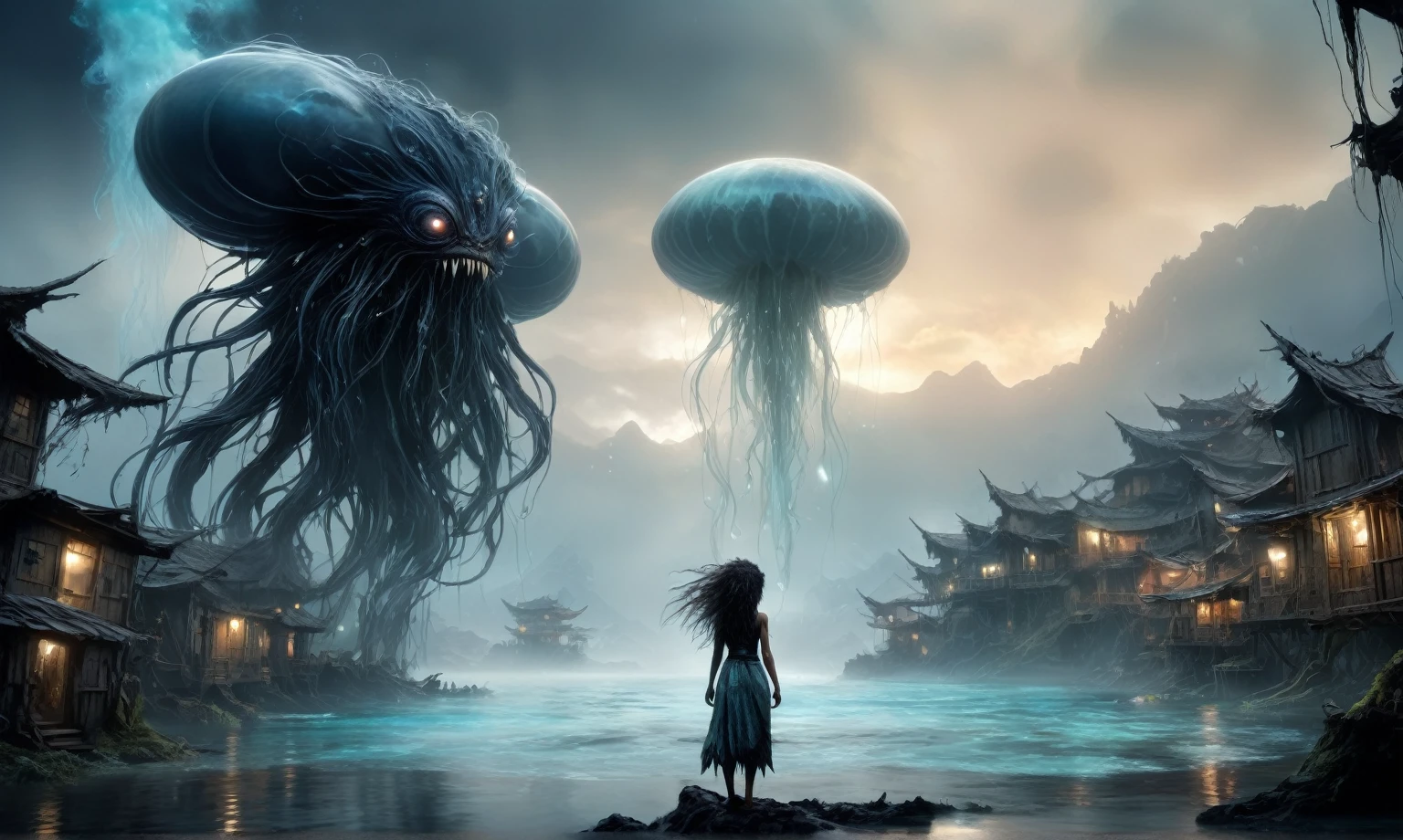 view from height,full-body-shot,obsidian The Alien Entity Moana, sassiness temper,natural jellyfish's skin textures, hyper realisitc, hyper detailed,Extremely detailed,High contrast, ,Realistic,Ultra Detailed,intricate details,realistic humid skin,extremely intricate,Epic Realistic, Romantic, cinematic style,irina yermolova, messy hair,orc's village of fishers,full body length,mother-of-marble,ominous landscape,floating islands on background in dangerous atmosphere,sunset, a Tim Burton-inspired dreamscape,Bun Hair,(Folk clothes:1.5),full body length,niobium goblin,native africa xenomorph,once pretty face,eyebrow up,full body shot,ominous landscape,niobium gray atmosphere,photo,photorealism,Masterpiece,hyper natural skin textures, hyper realism,hyper detailed,High contrast,Realism,Ultra Detailed,irina yermolova,close full body shot,32K resolution,Nikon Z9, ,demonic fog, smoke, audience, mist, featuring ultra-realistic and hyper-realistic elements, Marta Bevacqua, Ellen Jewett, Kawacy, Katsuya Terada, Carne Griffiths,concert lighting, bokeh, luminal space that feels both bright and surreal. Includes liquid fluid elements for added depth and movement. Rendered in an unreal engine and post-processed to achieve . Evokes a sense of dreamy, ethereal and mystical mood,horror pixar movie still,thriller disney movie ,pixar render, animated ,suicide,psychiatric clinic, insane fantasy