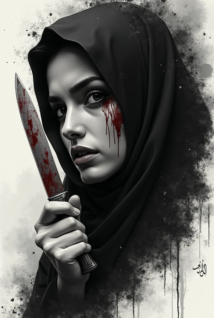 side view drawing of a beautiful arab woman covering half her face with a sad look, crying blood and with a knife in his hand, around her a shaded gradient with Arabic characters, drawing as if it were a black and white tattoo
