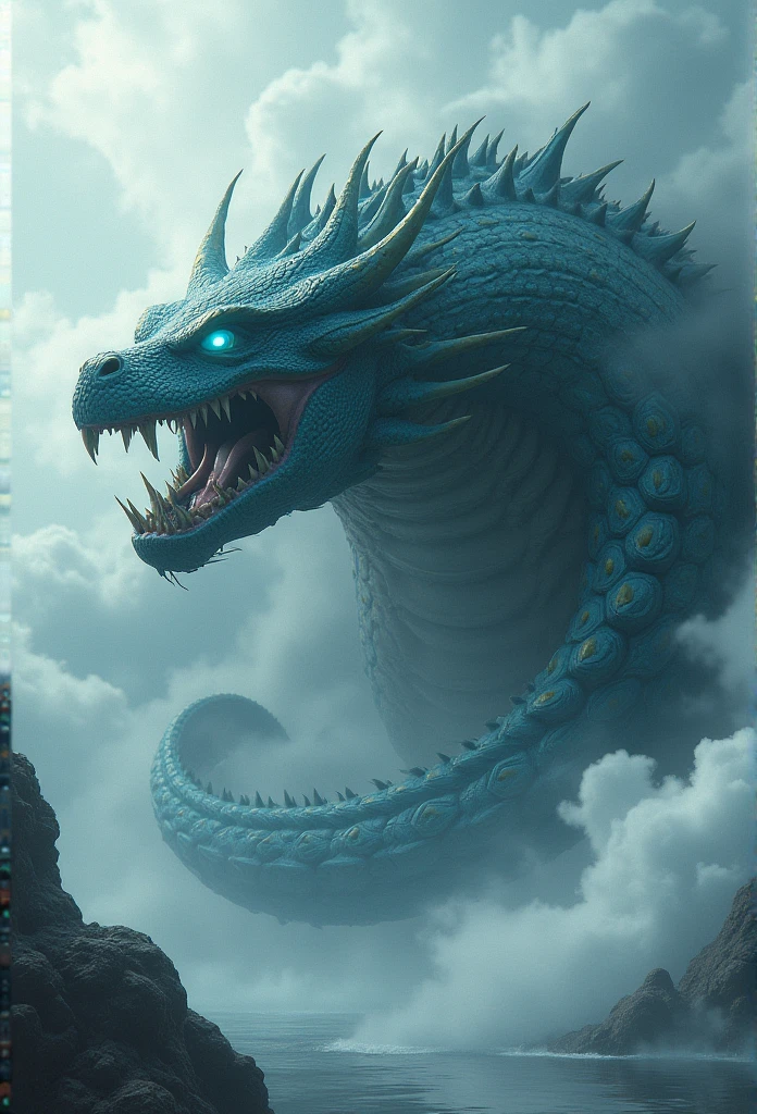 Chinese style,Chinese mythology,Xuanwu,faucet,Tortoise body,Heavy Tortoise Shell,Snake's Tail,Has horns on its head,cough,violent,Huge,Eyes glow blue,Ocean,Huge波,Surrounded by clouds,Medium shot scenes,Like the whole body, Highly detailed surreal VFX,OC Rendering,