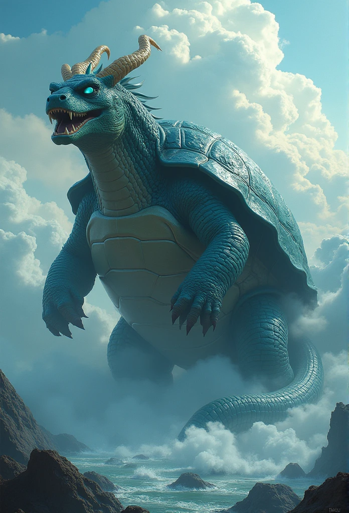 Chinese style,Chinese mythology,Xuanwu,faucet,Tortoise body,Heavy Tortoise Shell,Snake's Tail,Has horns on its head,cough,violent,Huge,Eyes glow blue,Ocean,Huge波,Surrounded by clouds,Medium shot scenes,Like the whole body, Highly detailed surreal VFX,OC Rendering,