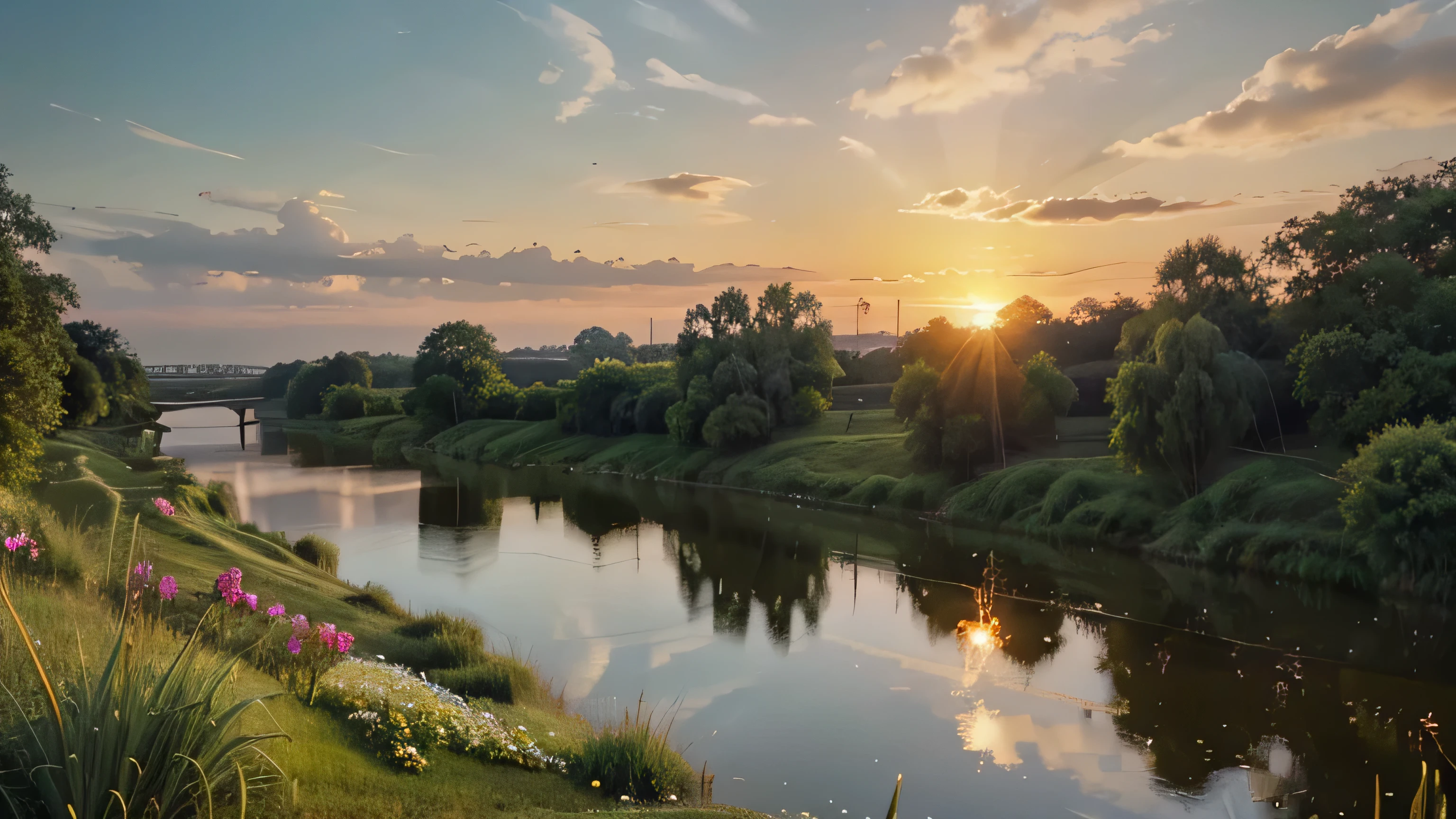 Digital illustration of a peaceful riverbank scene at sunset. Style: clean, modern illustration with a touch of whimsy. The foreground features delicate 'co may' flowers (Vietnamese fluffy grass) swaying in a gentle breeze. A calm river reflects warm sunset hues of orange and pink. Soft, dreamy lighting bathes the entire scene. Use a harmonious color palette emphasizing pastels and warm tones. Incorporate subtle textures and gradient effects for depth. The composition should evoke a sense of tranquility and nostalgia, focusing on the interplay between the fluffy grass flowers, water, and fading daylight. Optional: Include a simple silhouette or suggestion of a figure to add human element without being the main focus
