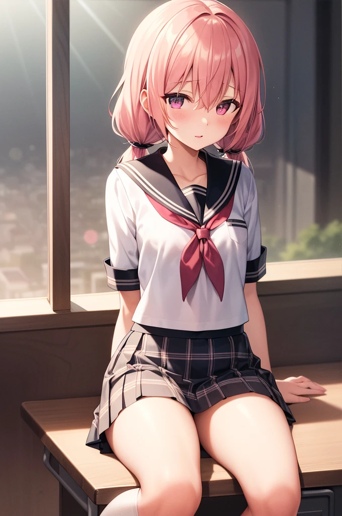 Random pose、spread your legs、pale chestnut hair、short hair、Red eyes、Red ribbon、Blushing、I can see her pantie-shaped legs、School classroom.
Random pose