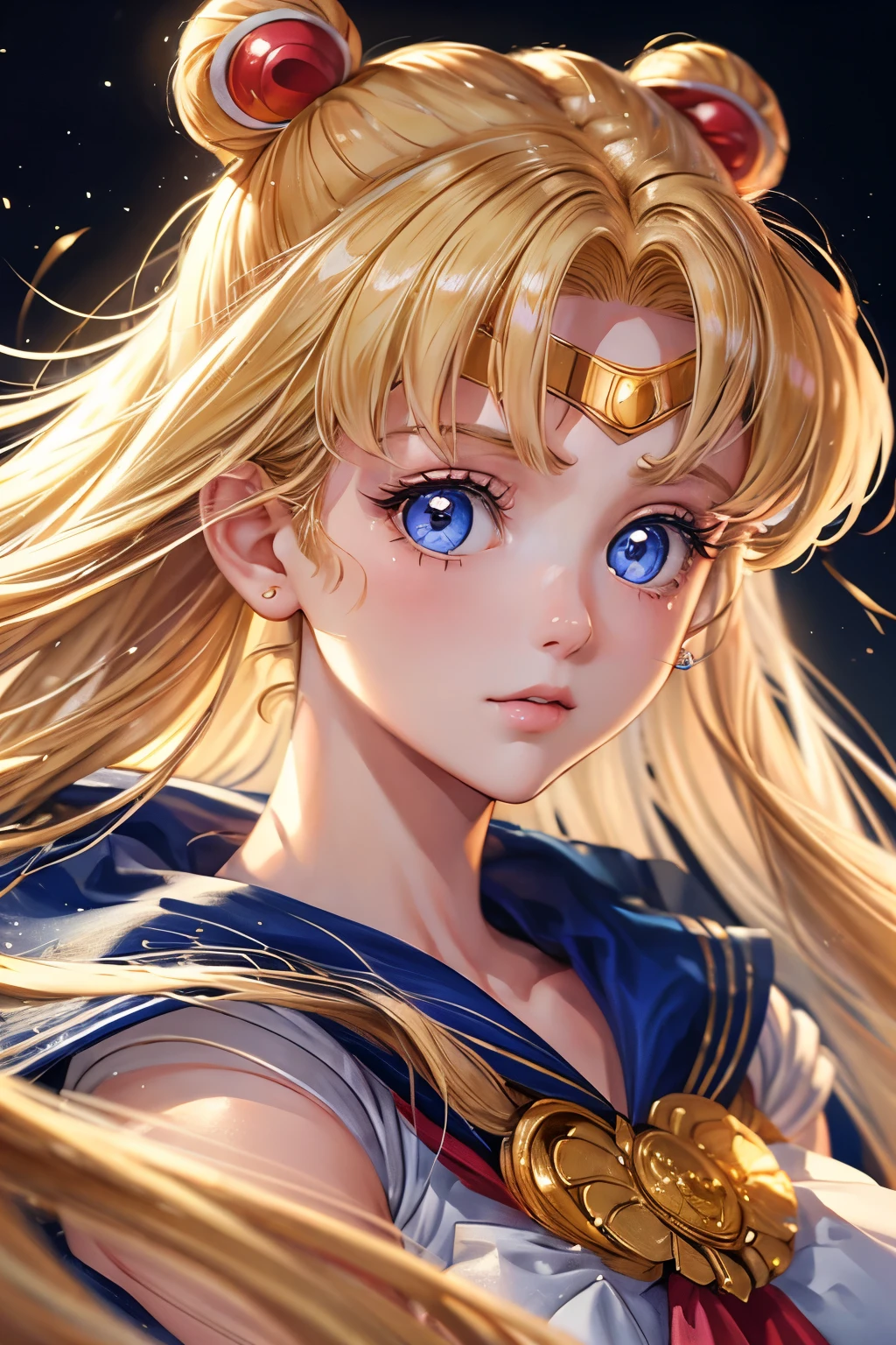 Sailor Moon, 1 Girl, Blonde Hair, Long Hair, Blue Eyes, Detailed Eyes, Single Focus, Single Background, Female Focus, Usagi Tsukino, Portrait,, (Masterpiece:1.0), (Best Quality:1.0 ), (8k Wallpaper:1.0), (Detailed Beautiful Face:1.0), (Detailed Eyes), Deep Eyes, Looking At Viewer,