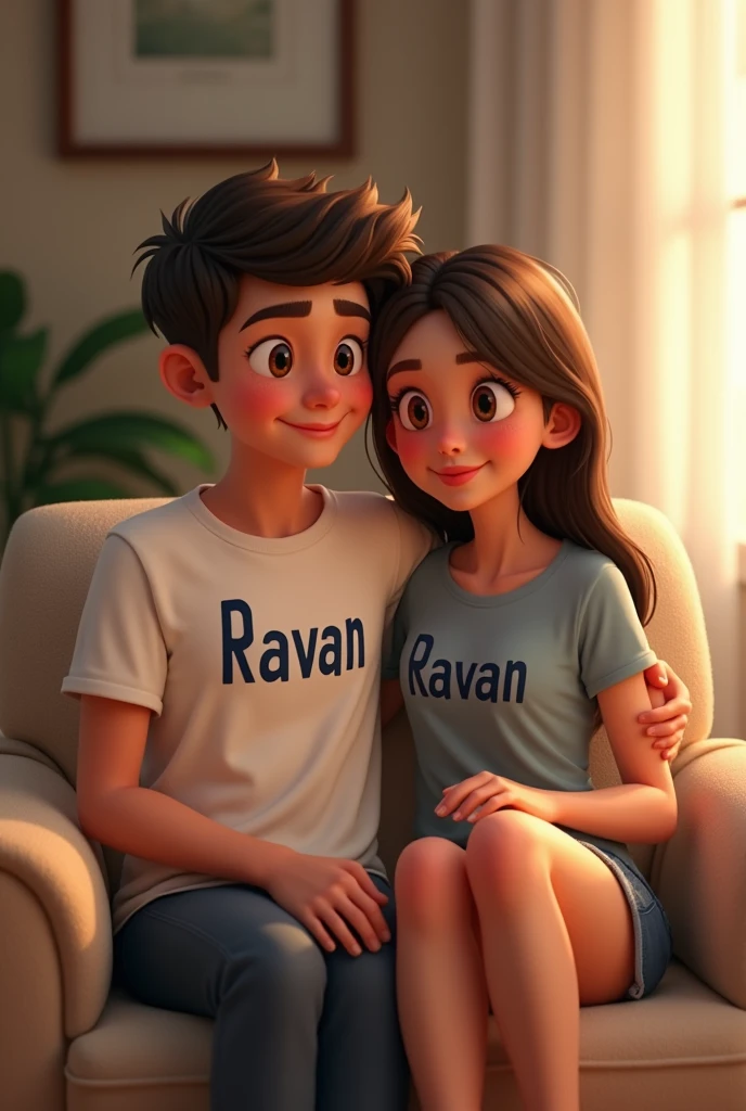 A boy with her gf . Boy t shirt name is ravan. Sit on chair. Gf name annu