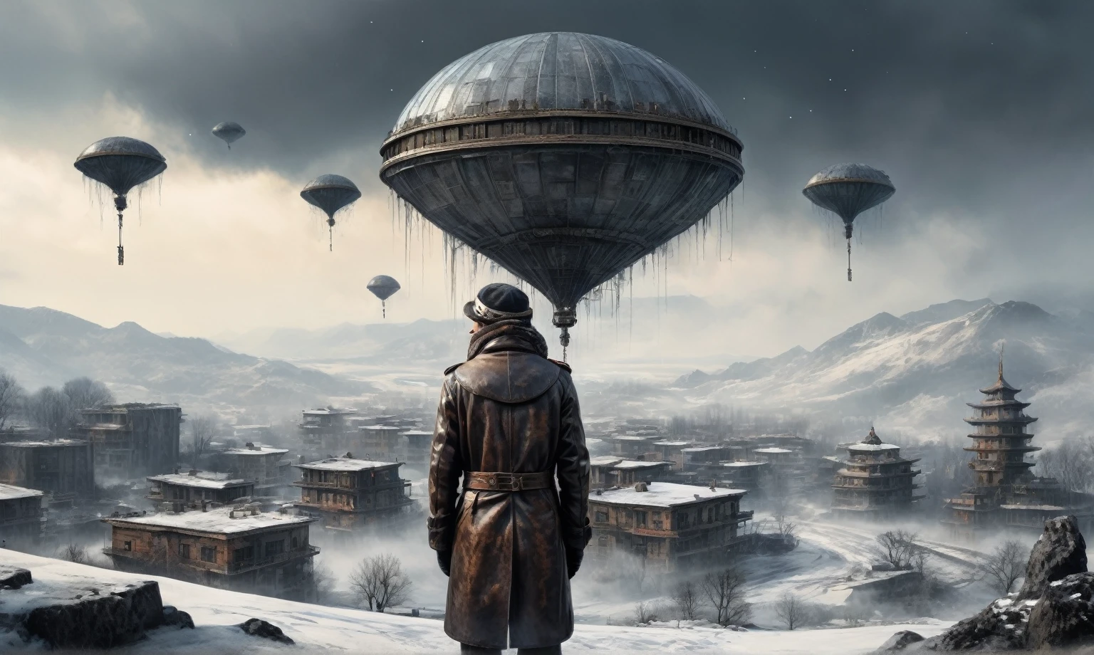 insane pilot from USSR ,pinhead, camouflage Rusty, Ambient in a meteorite ,graphite witch after a psychiatric clinic,winter,intricate landscape,slate grey atmosphere,film grain,faded,eyes extremely detailed,another world,ring of truth,view from height,once pretty face,eyebrow up,full body shot,ominous landscape, Simon Stalenhag,Nicola Samori,full body shot,beggar paladium The Alien Entity,Technicolor,natural skin textures, hyper realism, hyper detailed,Extremely detailed,High contrast,Masterpiece,Realistic,Ultra Detailed, intricate details,realistic humid leather,extremly intricate,Epic Realistic, cinematic style,irina yermolova,high contrast,hdr,extremely detailed, deep night landscape,masterpiece,intricate details,faded,eyes extremely detailed, high detailed eyes,8k resolution,RAW,retina, Nikon Z9,China,Guangxi Zhuang of China,tkt style,ears perfect, transition between two art styles, Ink painting to photorealism, Double contact, X-ray, Creative, vivid light, masterpiece, fantasy, Abstract Surrealism, super detailed, high resolution, stop:35;Her skin is pale, almost translucent,ancient rock,a hot air soars through the layers of clouds, revealing a colossal and enigmatic cityscape nestled within. The buildings in this ethereal city are adorned with intricate details and exude an aura of mystery. Above the cityscape, lend an enchanting touch to the scene. steampunk. The intricate mechanics create a sense of wonder and fascination, as if stepping into a dreamlike realism