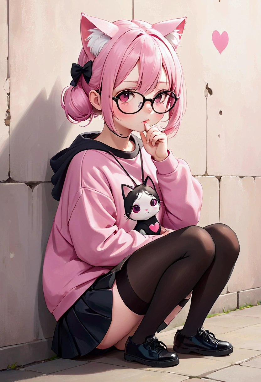 I have white pink hair, cat ears, a bun, my face is super blushing, black glasses, pink heart eyes, a big pink sweatshirt, a black skirt, black stockings, white shoes, a cat&#39;s tail, a girl. very shy that she is glued to a wall with her butt