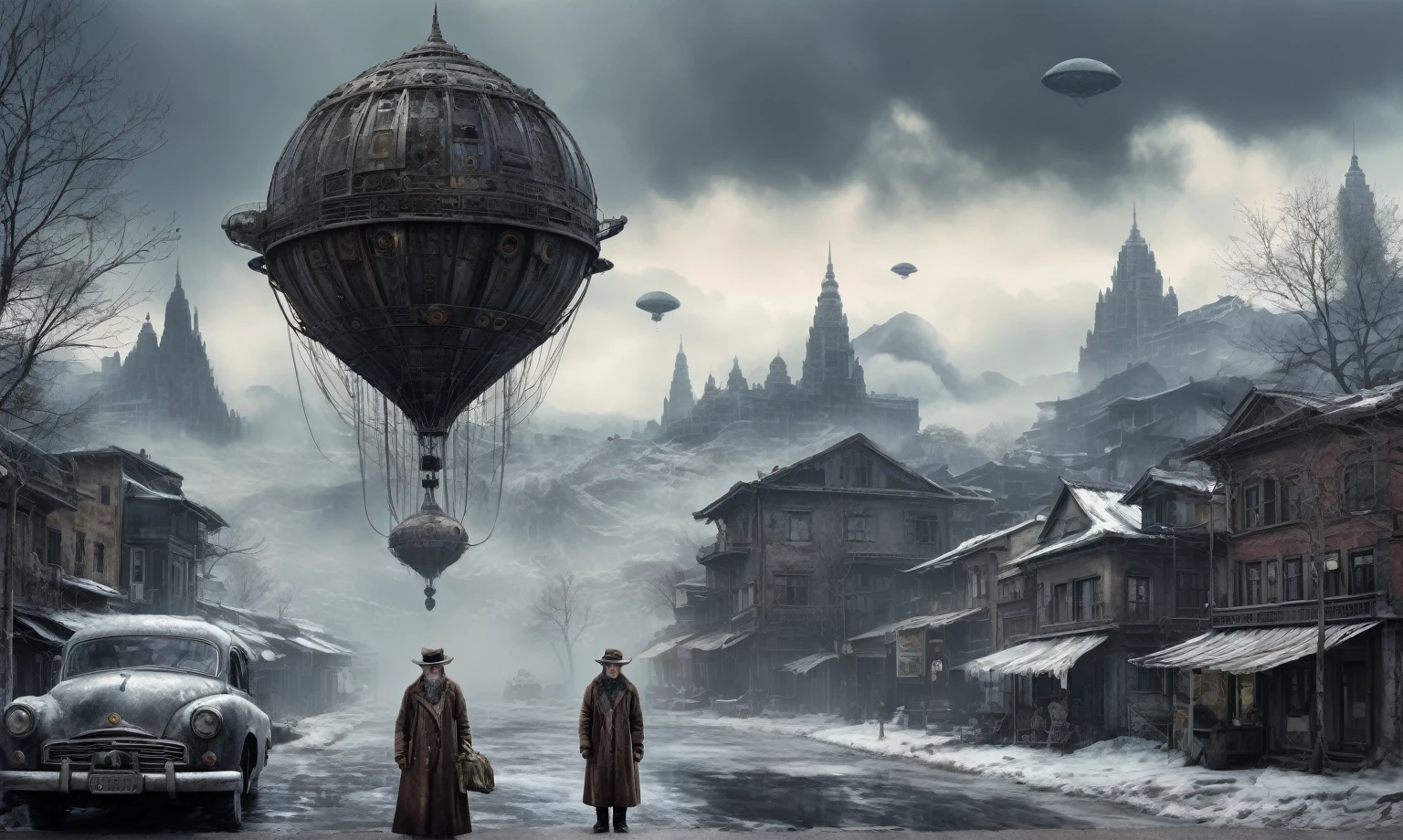 insane pilot from USSR ,pinhead, camouflage Rusty, Ambient in a meteorite ,graphite witch after a psychiatric clinic,winter,intricate landscape,slate grey atmosphere,film grain,faded,eyes extremely detailed,another world,ring of truth,view from height,once pretty face,eyebrow up,full body shot,ominous landscape, Simon Stalenhag,Nicola Samori,full body shot,beggar paladium The Alien Entity,Technicolor,natural skin textures, hyper realism, hyper detailed,Extremely detailed,High contrast,Masterpiece,Realistic,Ultra Detailed, intricate details,realistic humid leather,extremly intricate,Epic Realistic, cinematic style,irina yermolova,high contrast,hdr,extremely detailed, deep night landscape,masterpiece,intricate details,faded,eyes extremely detailed, high detailed eyes,8k resolution,RAW,retina, Nikon Z9,China,Guangxi Zhuang of China,tkt style,ears perfect, transition between two art styles, Ink painting to photorealism, Double contact, X-ray, Creative, vivid light, masterpiece, fantasy, Abstract Surrealism, super detailed, high resolution, stop:35;Her skin is pale, almost translucent,ancient rock,a hot air soars through the layers of clouds, revealing a colossal and enigmatic cityscape nestled within. The buildings in this ethereal city are adorned with intricate details and exude an aura of mystery. Above the cityscape, lend an enchanting touch to the scene. steampunk. The intricate mechanics create a sense of wonder and fascination, as if stepping into a dreamlike realism