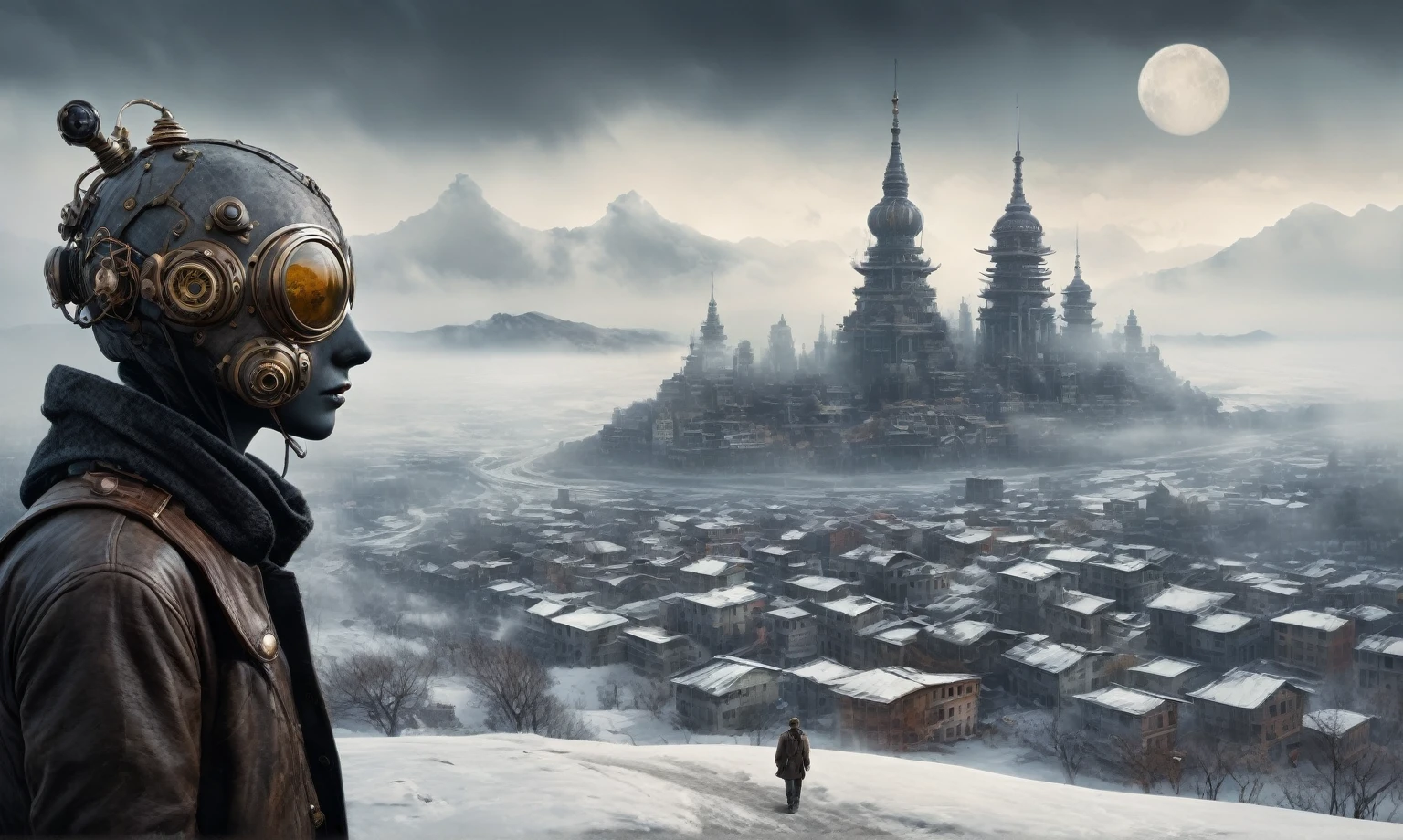 insane pilot from USSR ,pinhead, camouflage Rusty, Ambient in a meteorite ,graphite witch after a psychiatric clinic,winter,intricate landscape,slate grey atmosphere,film grain,faded,eyes extremely detailed,another world,ring of truth,view from height,once pretty face,eyebrow up,full body shot,ominous landscape, Simon Stalenhag,Nicola Samori,full body shot,beggar paladium The Alien Entity,Technicolor,natural skin textures, hyper realism, hyper detailed,Extremely detailed,High contrast,Masterpiece,Realistic,Ultra Detailed, intricate details,realistic humid leather,extremly intricate,Epic Realistic, cinematic style,irina yermolova,high contrast,hdr,extremely detailed, deep night landscape,masterpiece,intricate details,faded,eyes extremely detailed, high detailed eyes,8k resolution,RAW,retina, Nikon Z9,China,Guangxi Zhuang of China,tkt style,ears perfect, transition between two art styles, Ink painting to photorealism, Double contact, X-ray, Creative, vivid light, masterpiece, fantasy, Abstract Surrealism, super detailed, high resolution, stop:35;Her skin is pale, almost translucent,ancient rock,a hot air soars through the layers of clouds, revealing a colossal and enigmatic cityscape nestled within. The buildings in this ethereal city are adorned with intricate details and exude an aura of mystery. Above the cityscape, lend an enchanting touch to the scene. steampunk. The intricate mechanics create a sense of wonder and fascination, as if stepping into a dreamlike realism
