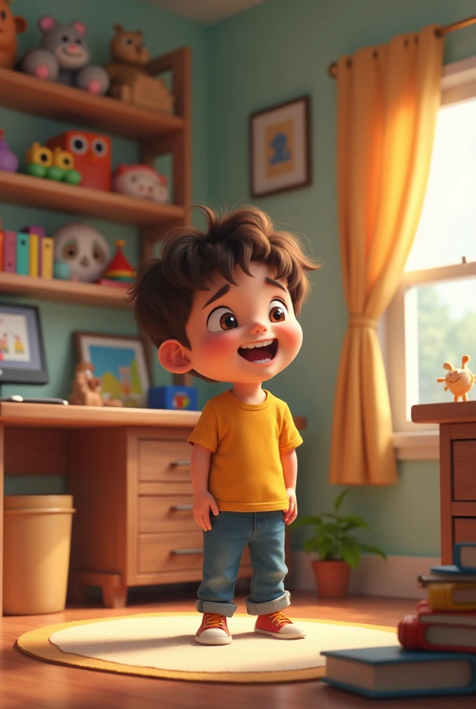 Timmy’s Proud Moment: "A young boy looking proud and happy while standing in his neatly organized room, with toys and books properly arranged around him."