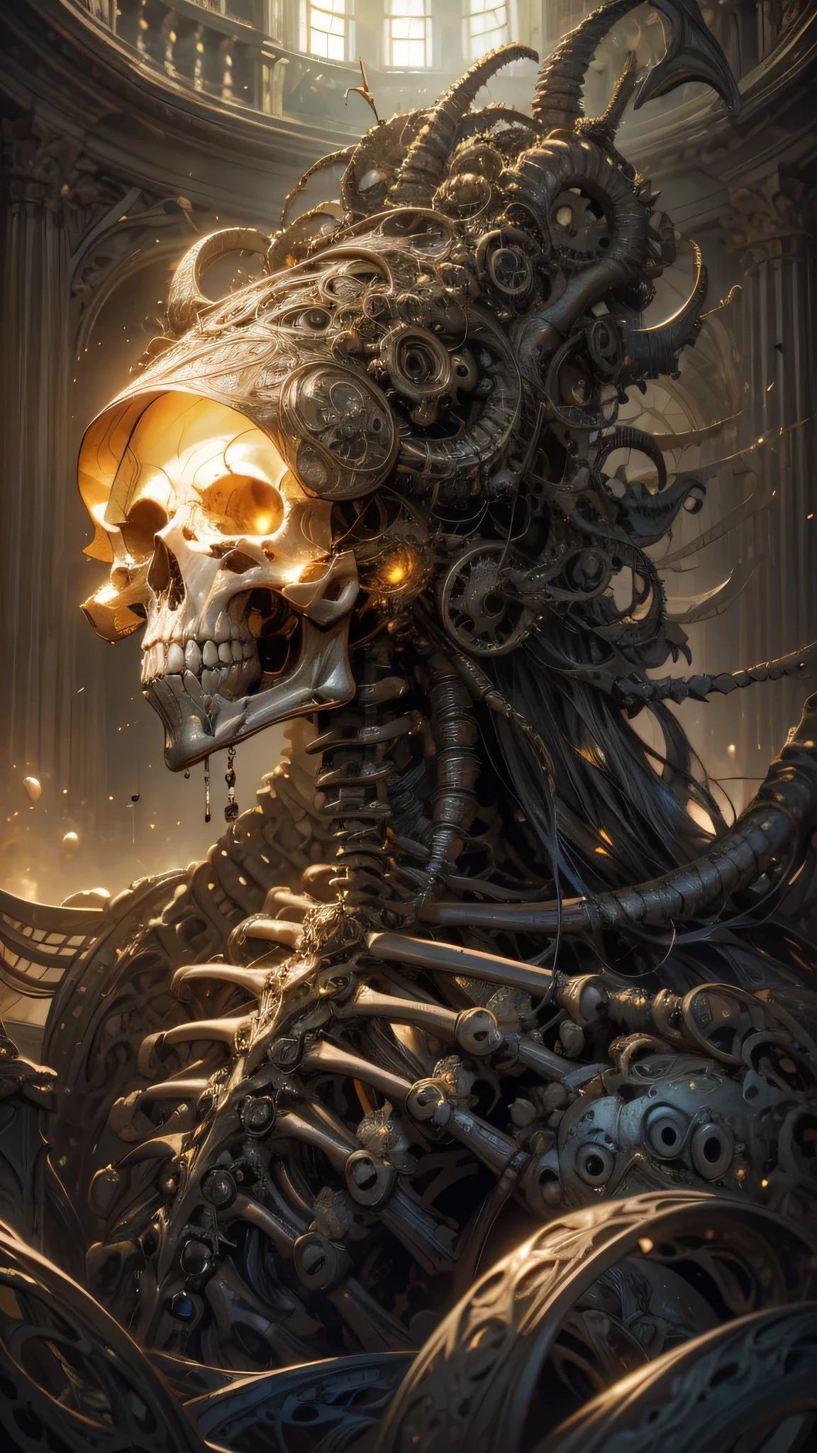 <lora:SteampunkSchematicsv2-000009:1> SteampunkSchematics, skull, construction lines, handwriting, calligraphy, filigree, measurements, <lora:skulls00d-000012:.8>, ultra detailed, Hyperrealistic, sharp focus, octane render