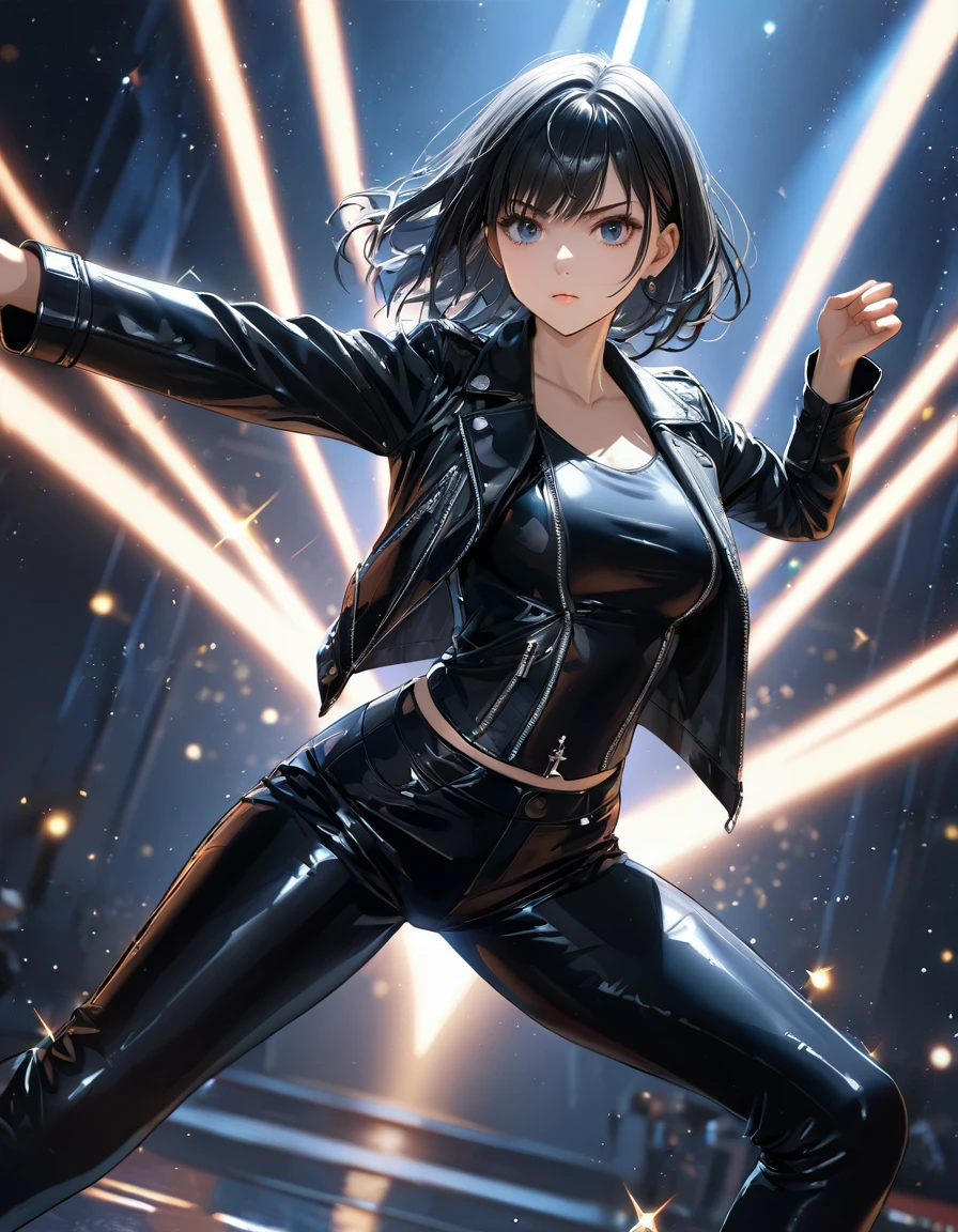 One girl, Intricate details, masterpiece, Highest quality, Very detailed,Cinema Lighting, Beautiful sparkle, Beautifully detailed face and eyes, 8k, (Black leather jacket and matching outfit)、Serious expression、Fighting Pose、whole body、Dynamic Angle、