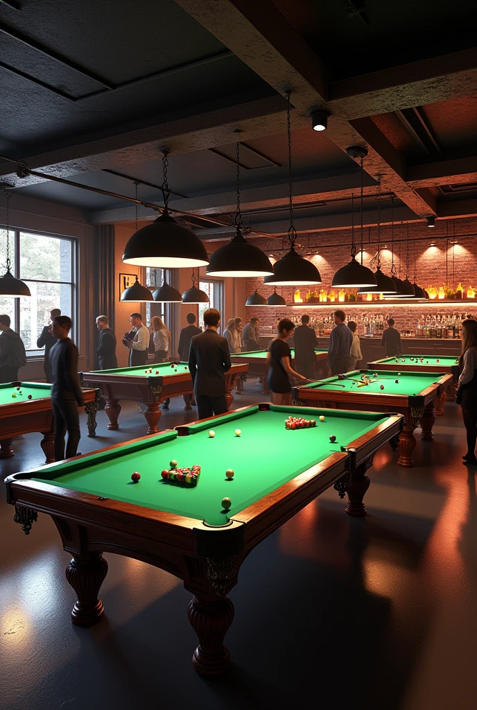 A billiard club having 5 billiard tables in a dark theme hall beautiful