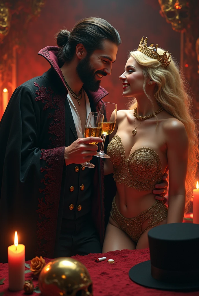 Bearded man and blonde woman, toasting, whisky y champagne, woman sexy dress, Jewels cover their breasts, man in black cape and red details, dancing, laughing evil, hell, Cigarettes, golden skulls, candles, fire , woman crown, old black hat,, White clothes, walking stick, rose, death,