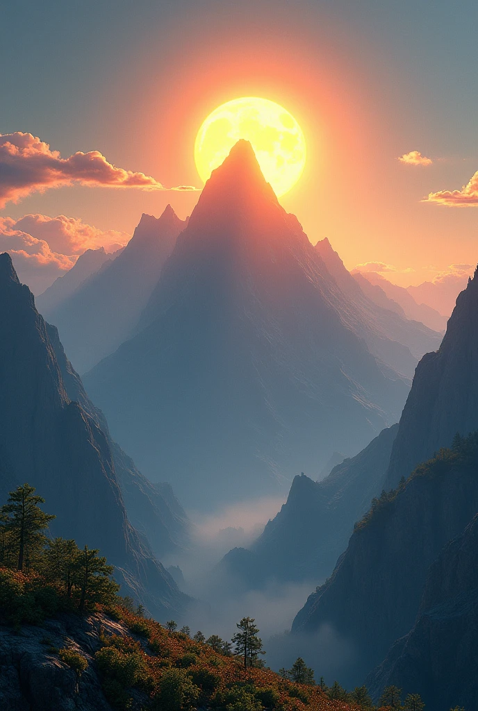 Generate a sun rise that showed above a mountain.