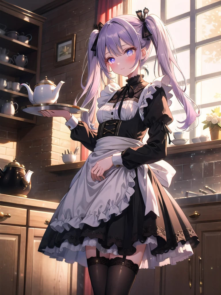((8k, Highest quality, masterpiece: 1.3)),Ultra-high resolution,(1 girl, alone), (Color changing eyes, Ultra-detailed, Expressive brilliance, Glitter, Glowing Eyes), Highly detailed eyes, Highly detailed face, Random Hair, ((pastel colour)),A striking young woman with long, pastel purple hair styled into twin tails, each tied with black lace ribbons. She is dressed in an intricate maid cosplay outfit, complete with a black and white dress featuring a ruffled skirt, puffed sleeves, and a fitted bodice with a lace-up front. The dress is adorned with delicate white frills and a small apron tied around her waist. She also wears thigh-high black stockings with lace trim and polished black shoes. The camera captures her from a mid-angle, focusing on her as she stands in a grand, vintage-style kitchen during the late afternoon, with warm sunlight streaming through the large windows. She holds a silver tray with a teapot and cup in one hand, while the other hand rests gently on her hip. Her expression is sweet and inviting, with a slight blush on her cheeks, as she leans slightly forward, offering tea with a warm smile. The background features rich wooden cabinets, marble countertops, and a soft, golden glow from the setting sun, enhancing the classic and elegant atmosphere.