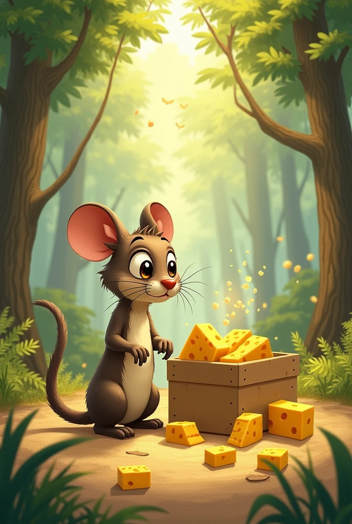 Illustrations for a story about: 
Rato thought about his savings account and decided to check what he had saved.. To his surprise, The box was full of cheeses that he had stored for a long time.. With your savings, Rato was able to feed himself and also help his friends in the forest who had lost their homes.. Rato shared his cheese with them and helped them rebuild their homes.
