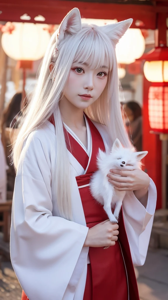 White Demon Fox、Nine-tailed Fox、Japanese women、kimono、Fair skin、Red lines on face、8K、I have long hair