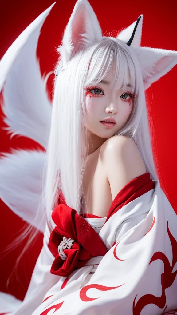 White Demon Fox、Nine-tailed Fox、Japanese women、kimono、Fair skin、Red lines on face、8K、I have long hair
