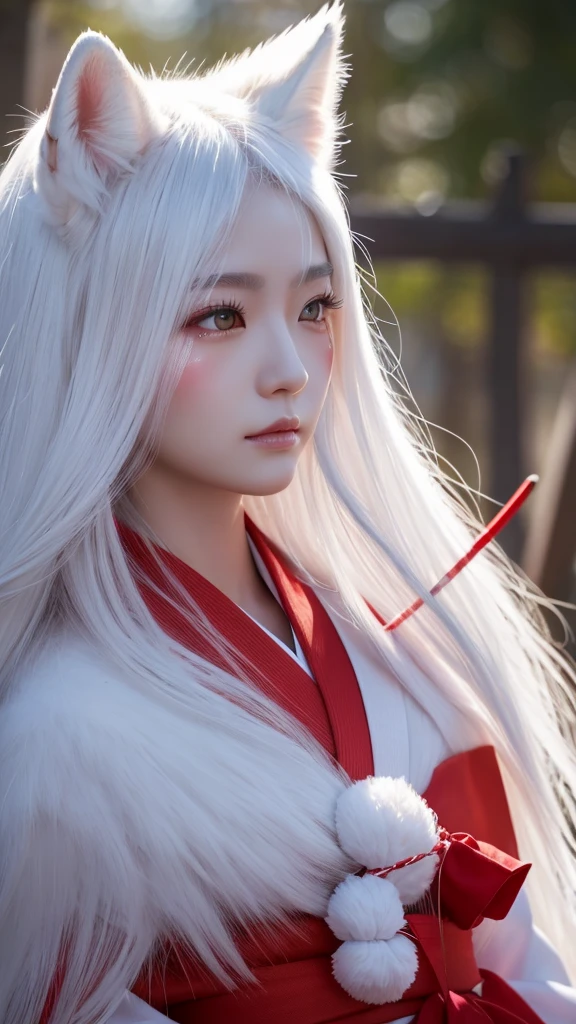 White Demon Fox、Nine-tailed Fox、Japanese women、kimono、Fair skin、Red lines on face、8K、I have long hair