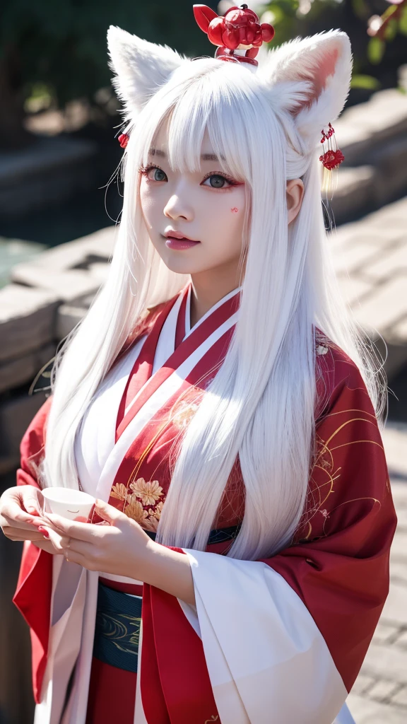 White Demon Fox、Nine-tailed Fox、Japanese women、kimono、Fair skin、Red lines on face、8K、I have long hair