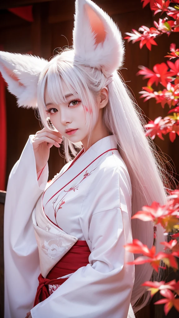 White Demon Fox、Nine-tailed Fox、Japanese women、kimono、Fair skin、Red lines on face、8K、I have long hair