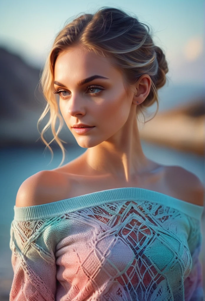 One girl,Mysterious Girl ,Exotic girl in off-the-shoulder sweater,Fading backlight background,pastel colour,Enchanting Goddess,Amazing depth,Double exposure,Surreal,Geometric pattern,Exquisitely crafted,Bokeh,Perfect balance,Deep and thin border,Artistic Photorealism,Swimwear