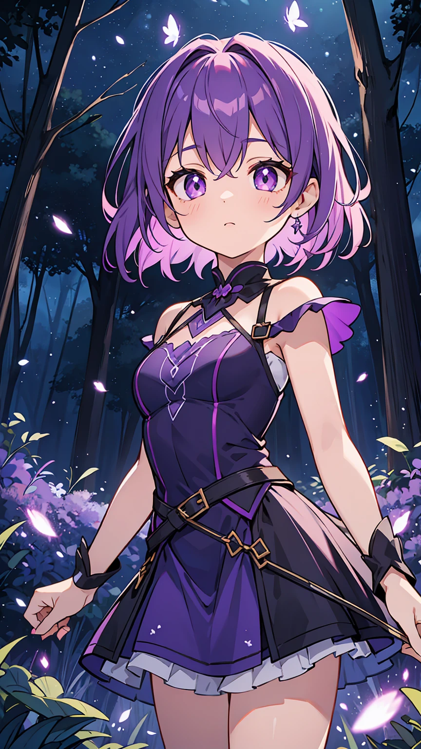 Girl1,bright purple eyes,purple hair,hair above shoulder,magical glowing purple short dress,standing in dark forest,fireflies,movie scene,night,best quality,high detail,very detailed,high quality background